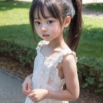 キッズモデルのJSのAI画像。初夏の公園でポニーテールに白いレースの服を着た少女が戸惑った表情を見せている