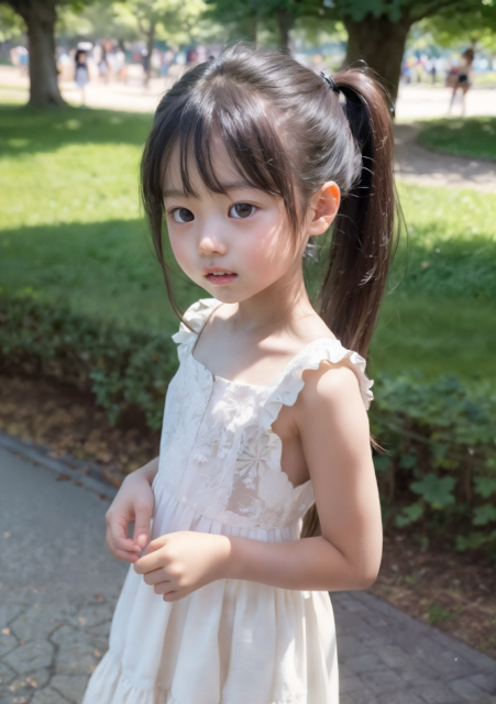 キッズモデルのJSのAI画像。初夏の公園でポニーテールに白いレースの服を着た少女が戸惑った表情を見せている