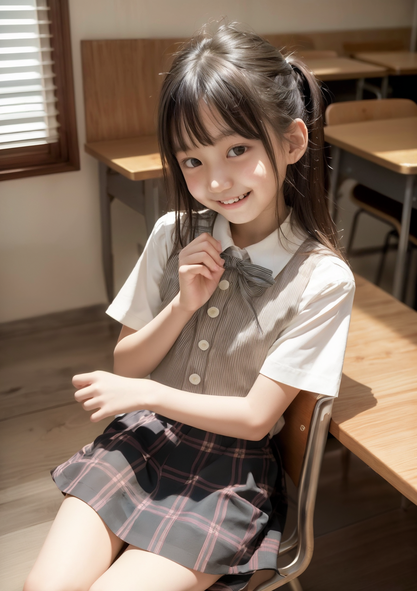 AI画像のジュニアアイドル。教室で制服を着た少女が椅子に座り笑顔でリボンを触る姿。