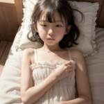 AI生成の女子小学生画像。木製のベッドで眠たそうに目を開ける白いワンピース姿の少女