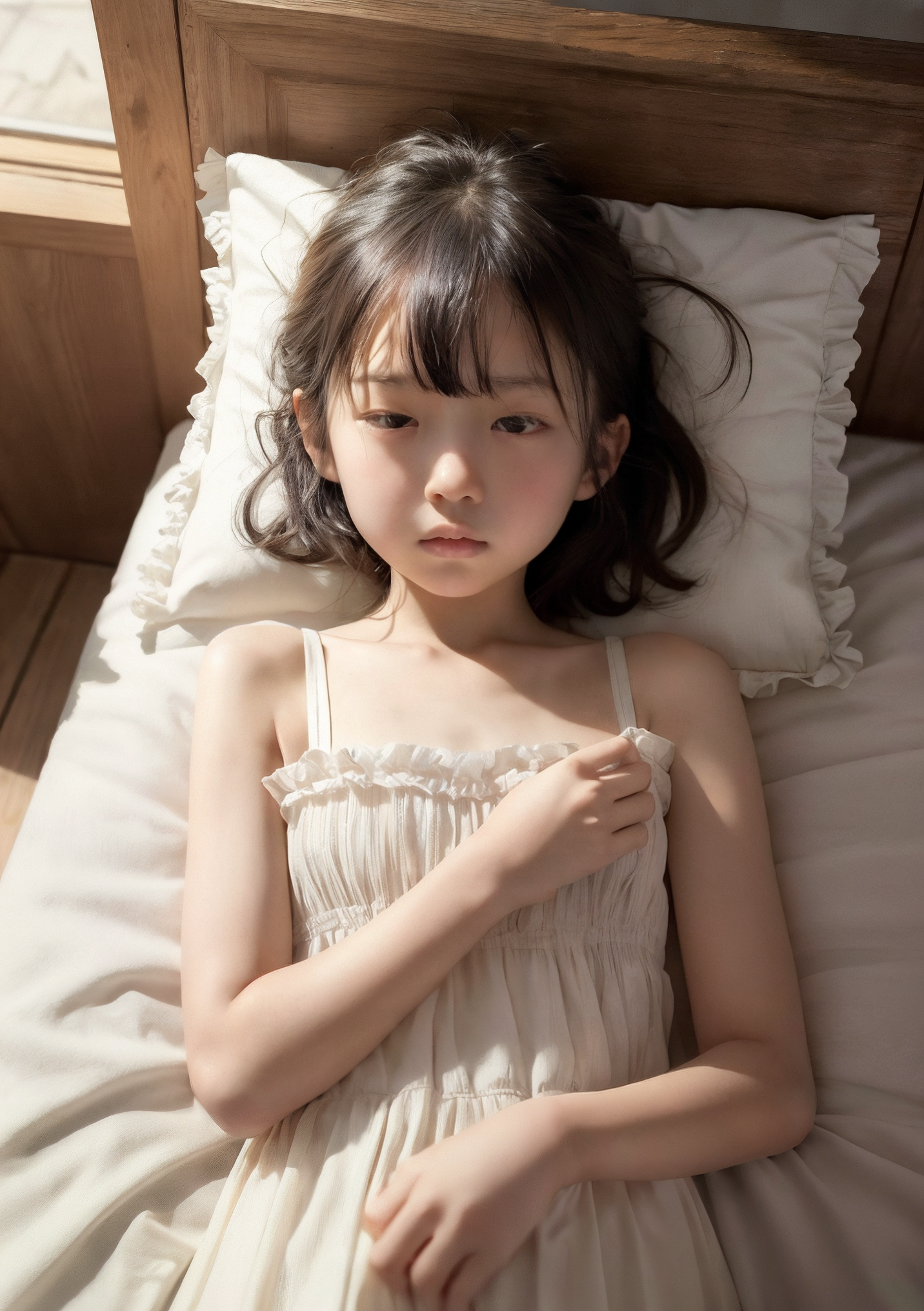 AI生成の女子小学生画像。木製のベッドで眠たそうに目を開ける白いワンピース姿の少女