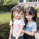 アイキャッチ用フリー素材のAI画像。校庭を歩く二人の小学生の女の子たち。白と水色のTシャツ姿。