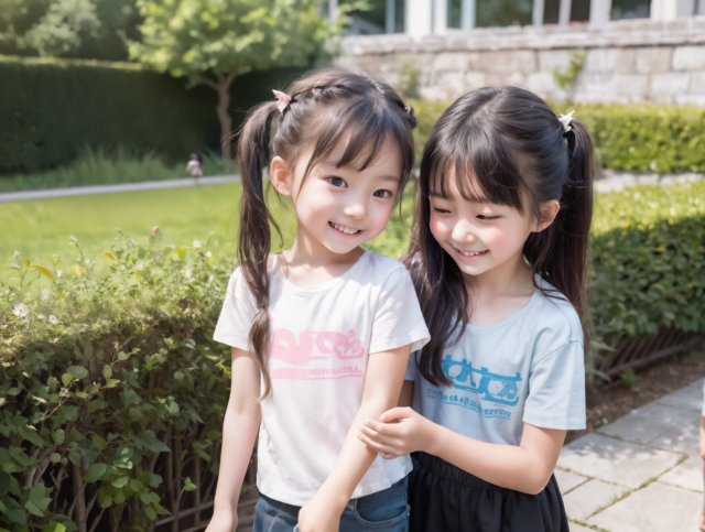 アイキャッチ用フリー素材のAI画像。校庭を歩く二人の小学生の女の子たち。白と水色のTシャツ姿。