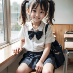 AI生成のJS JC。教室の窓際でツインテールで制服姿の小学生の女の子が笑顔。