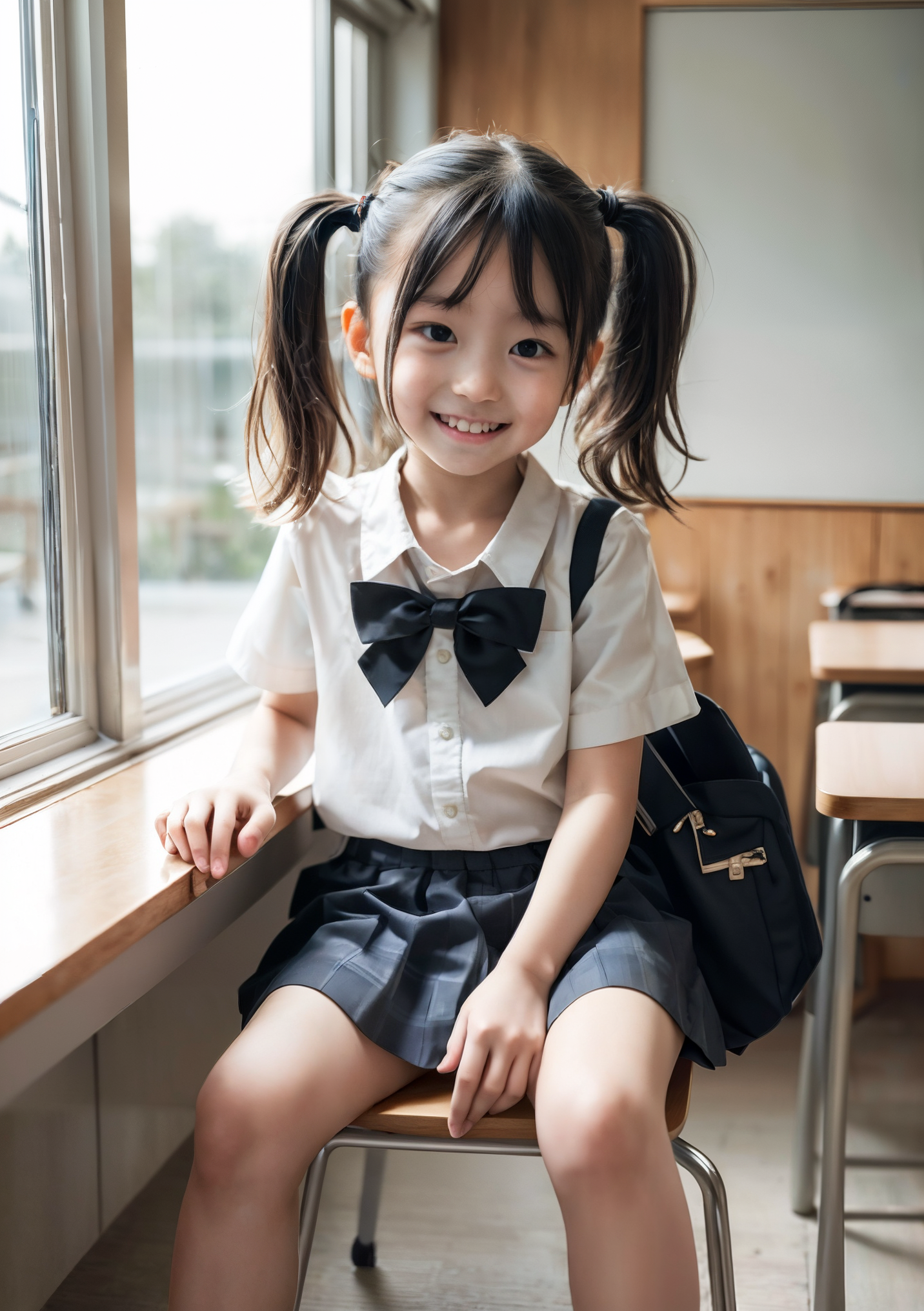 AI生成のJS JC。教室の窓際でツインテールで制服姿の小学生の女の子が笑顔。