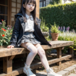 キッズモデル小学生のAI画像。リボンをつけてニーソックスを履いた少女が縁側に座っている様子。