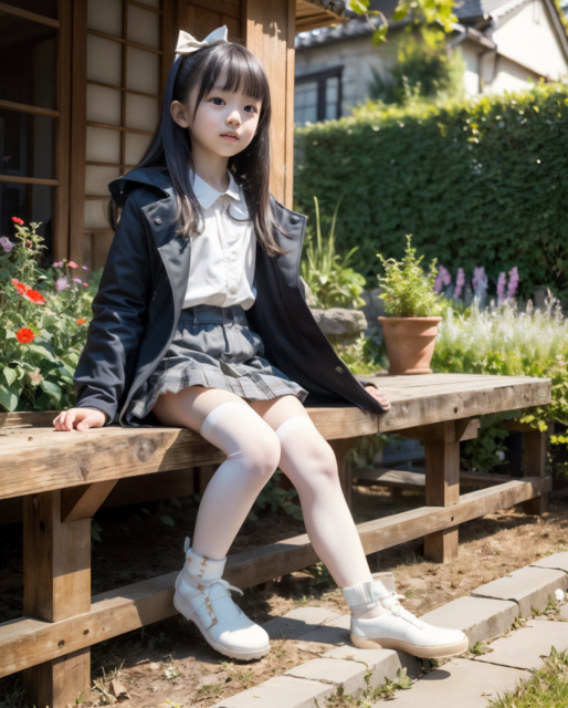 キッズモデル小学生のAI画像。リボンをつけてニーソックスを履いた少女が縁側に座っている様子。