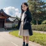 メガネをかけた小学生女子。寺院の門前で白いシャツとスカート、黒いジャケットを着た少女がこちらを見ている。