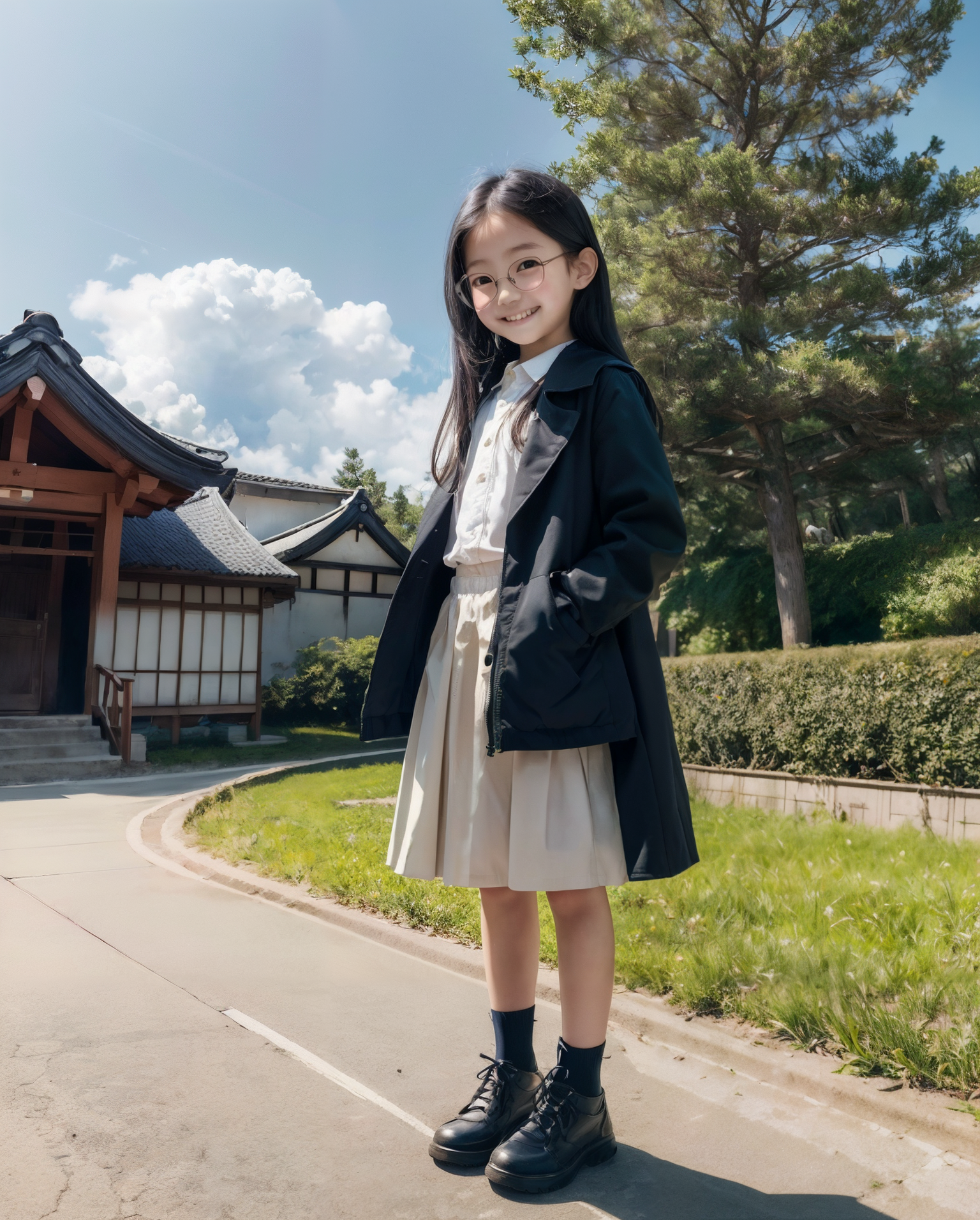 メガネをかけた小学生女子。寺院の門前で白いシャツとスカート、黒いジャケットを着た少女がこちらを見ている。