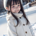 AI画像のリアルなジュニアアイドル。黒髪の小学生の女の子が雪を見つめる、白いコートと帽子を身に着けて立っている姿。