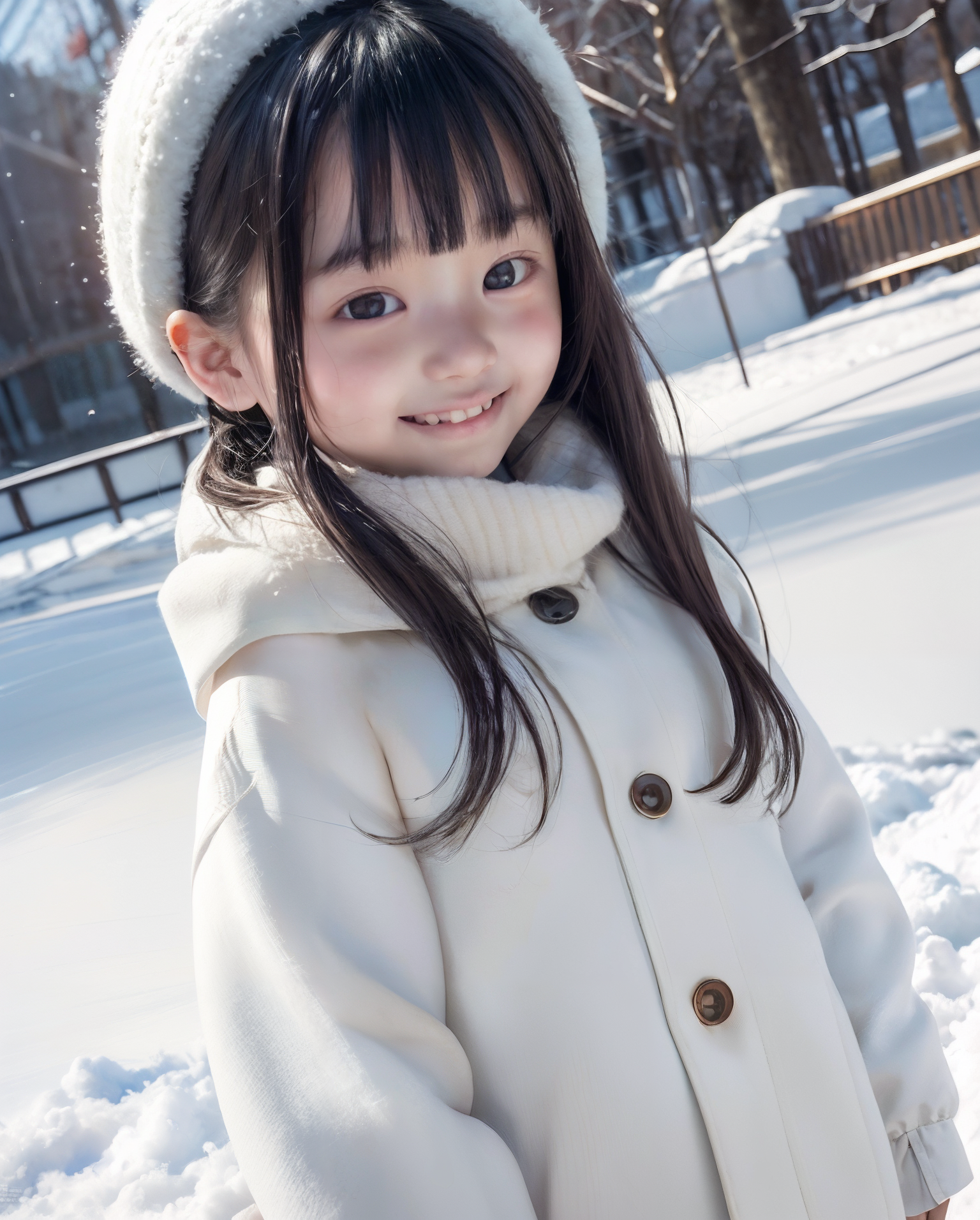 AI画像のリアルなジュニアアイドル。黒髪の小学生の女の子が雪を見つめる、白いコートと帽子を身に着けて立っている姿。