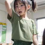 AI女子小学生の画像。教室で立ち上がって困った表情を浮かべる女の子。ポニーテールの黒髪で緑のチェック柄スカートを着ている。