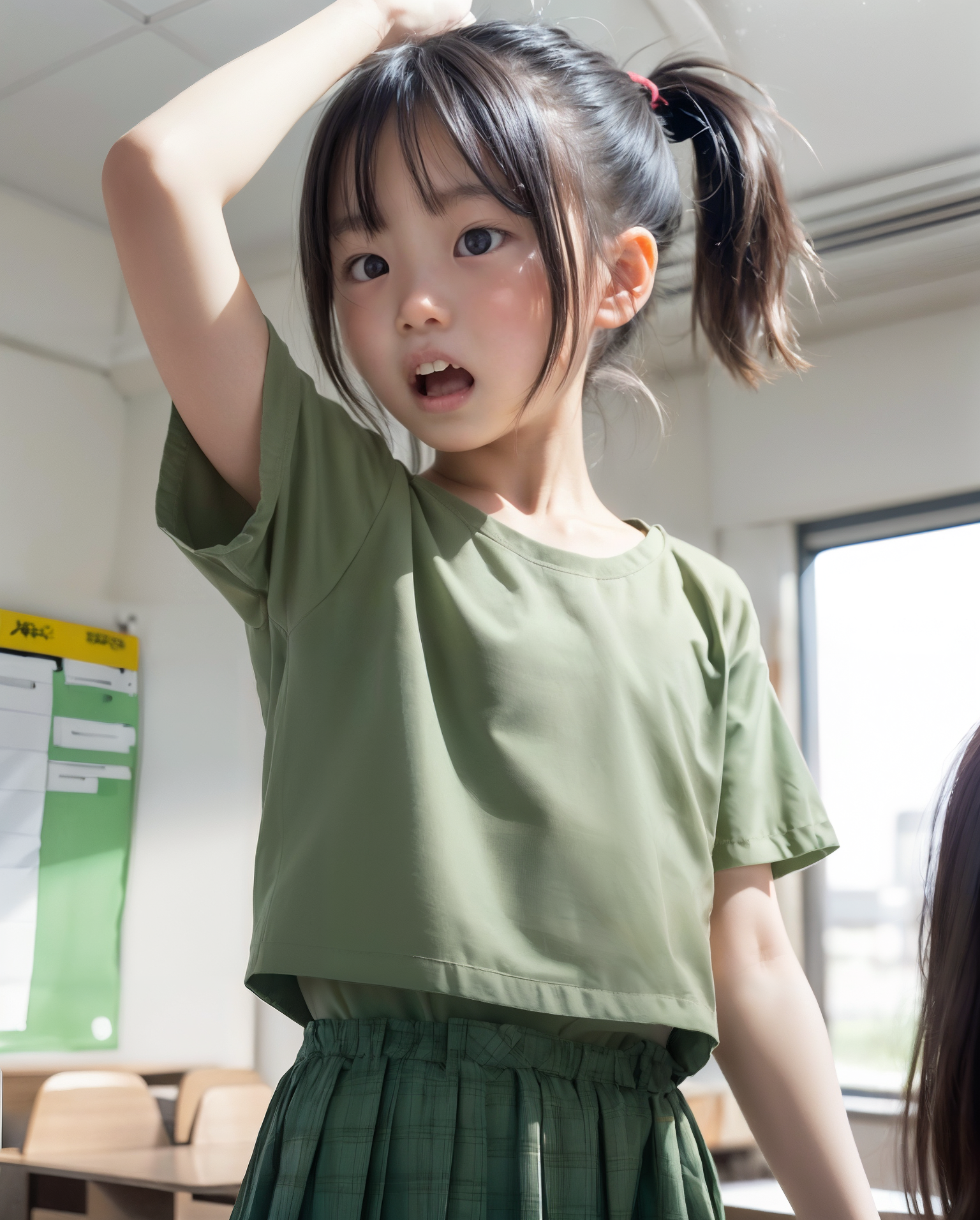 AI女子小学生の画像。教室で立ち上がって困った表情を浮かべる女の子。ポニーテールの黒髪で緑のチェック柄スカートを着ている。