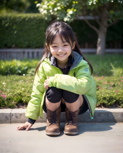 AI生成のリアルなJSの画像。黒いシャツと緑のジャケット、ショートパンツ姿で公園でしゃがんでいる小学生の少女。