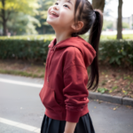 AI生成の女児画像。赤いパーカーを着たポニーテールの女の子が空を見上げている。