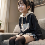 女子小学生のAI画像。ポニーテールの小学生の少女がリビングで黒いパーカーとチェック柄のスカートを着て、ソファに座りながら笑顔でテレビを見ている様子