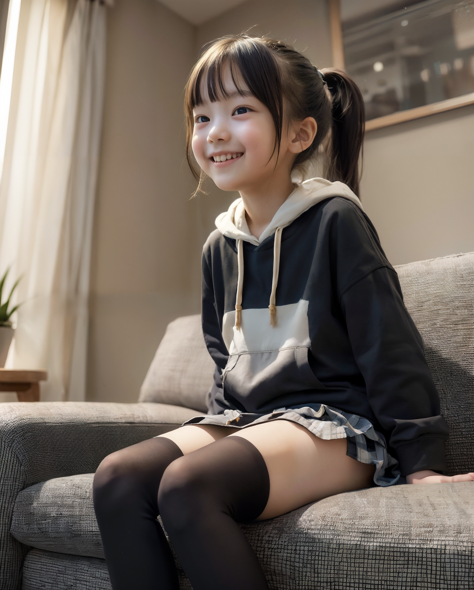 女子小学生のAI画像。ポニーテールの小学生の少女がリビングで黒いパーカーとチェック柄のスカートを着て、ソファに座りながら笑顔でテレビを見ている様子