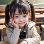 AI生成の幼女の画像。午後の日差しの中、教室の机に座りながら頬杖をつくツインテールの可愛い小学生の少女