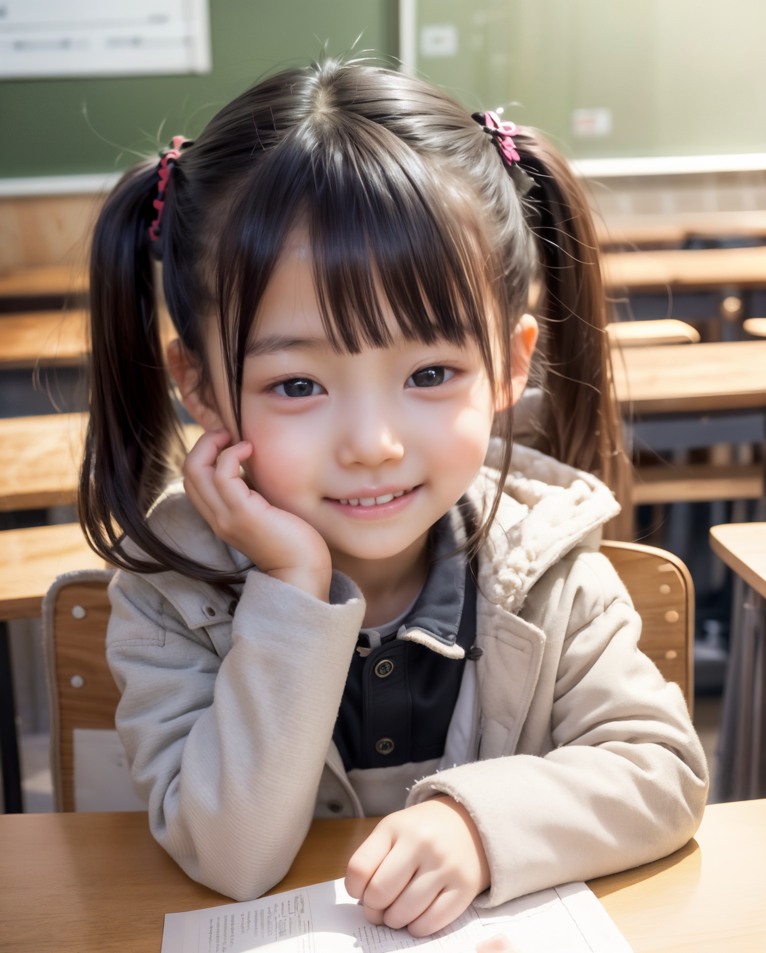 AI生成の幼女の画像。午後の日差しの中、教室の机に座りながら頬杖をつくツインテールの可愛い小学生の少女