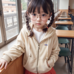 メガネっ子の女子小学生。教室でポケットを探る黒髪の小学生の少女。おさげ髪で赤いスカートと眼鏡が特徴的