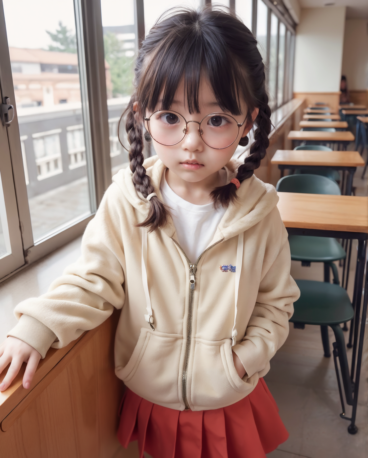 メガネっ子の女子小学生。教室でポケットを探る黒髪の小学生の少女。おさげ髪で赤いスカートと眼鏡が特徴的