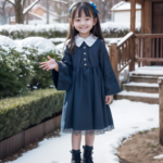 AI生成の美少女小学生の画像。雪が積もる庭で遊ぶ小学校の制服を着た少女。