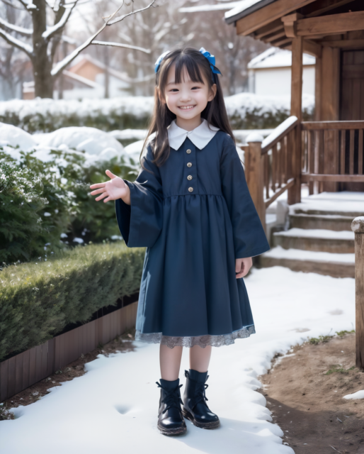 AI生成の美少女小学生の画像。雪が積もる庭で遊ぶ小学校の制服を着た少女。