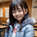 AI生成の女子小学生の画像。ふわふわのフード付きコートを着た小学生の女の子が教室で微笑む。