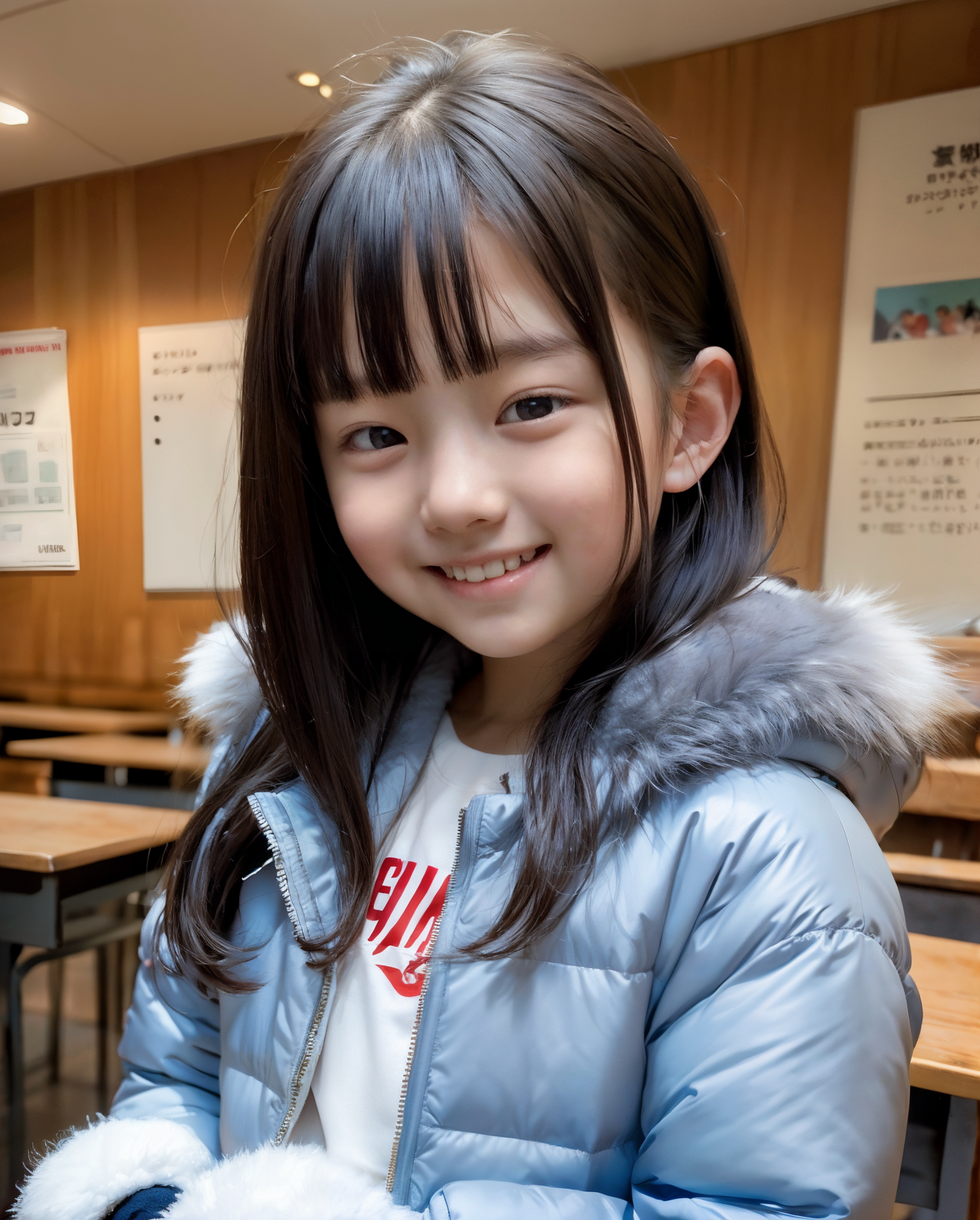 AI生成の女子小学生の画像。ふわふわのフード付きコートを着た小学生の女の子が教室で微笑む。