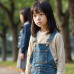 AI生成画像の小学生女子 。公園でそっぽを向く姉妹。青いオーバーオールの少女とスカート姿の少女が、少し距離を取って立っている。