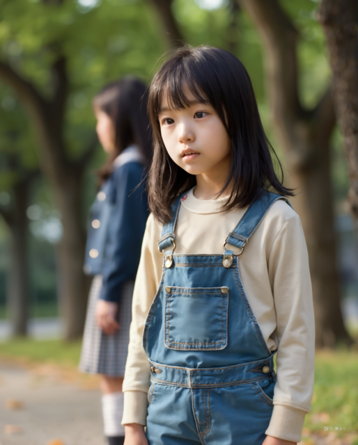 AI生成画像の小学生女子 。公園でそっぽを向く姉妹。青いオーバーオールの少女とスカート姿の少女が、少し距離を取って立っている。