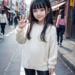 AI生成の美少女。駅前の人混みの中、ぎこちなく手を振る小学生の少女、白いセーターとズボン姿。