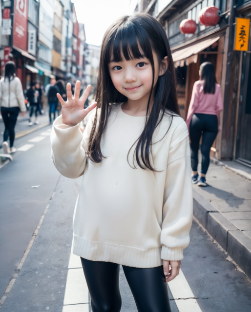 AI生成の美少女。駅前の人混みの中、ぎこちなく手を振る小学生の少女、白いセーターとズボン姿。