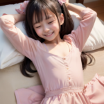 AI生成のジュニアアイドル小学生の画像。ベッドに寝転ぶ少女、ピンクのドレス姿でリラックスした表情。