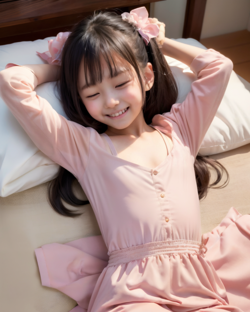 AI生成のジュニアアイドル小学生の画像。ベッドに寝転ぶ少女、ピンクのドレス姿でリラックスした表情。