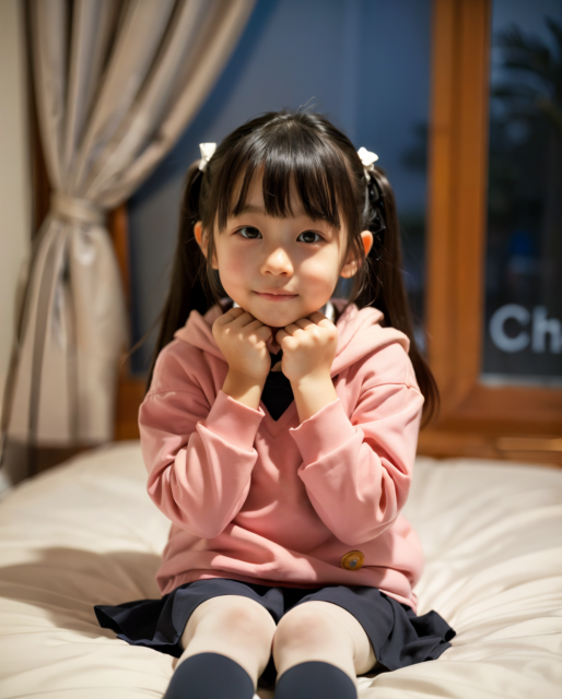 AI生成のリアルな幼女の画像。ベッドに座るツインテールの少女がワクワクしながら待っている様子。