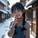 AI生成の美少女小学生。黒髪のツインおさげの少女が、冬の静かな路地で優しく微笑む。チェック柄のワンピースとタートルネックセーターを着た可愛らしい小学生の姿