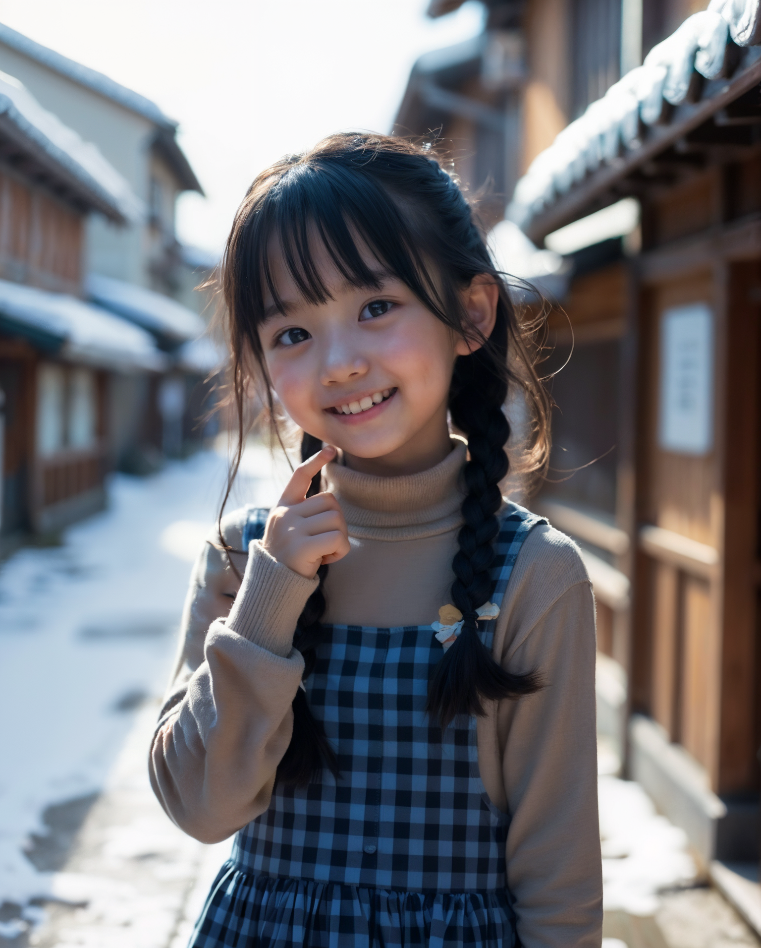 AI生成の美少女小学生。黒髪のツインおさげの少女が、冬の静かな路地で優しく微笑む。チェック柄のワンピースとタートルネックセーターを着た可愛らしい小学生の姿