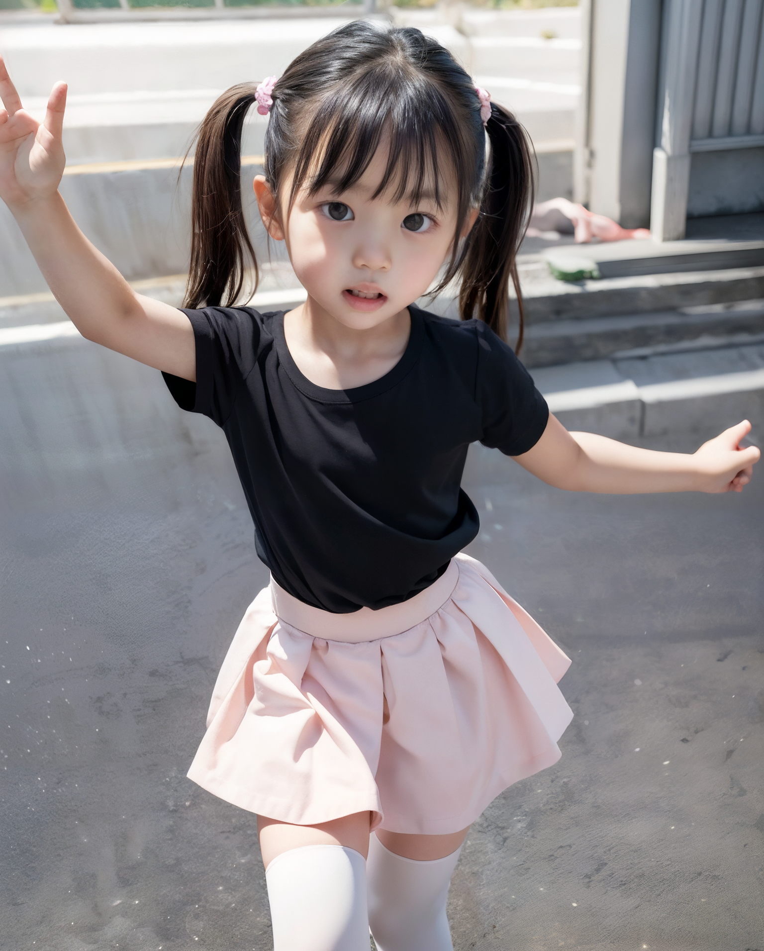 stable diffusionで生成したアル美少女。ツインテールのかわいい少女が黒いTシャツとピンクのスカートで元気に走る、屋外の校門付近の風景