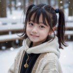 キッズモデルのJSのAI画像。 冬の雪道を歩くツインテールの少女が寂しそうな表情で佇む。