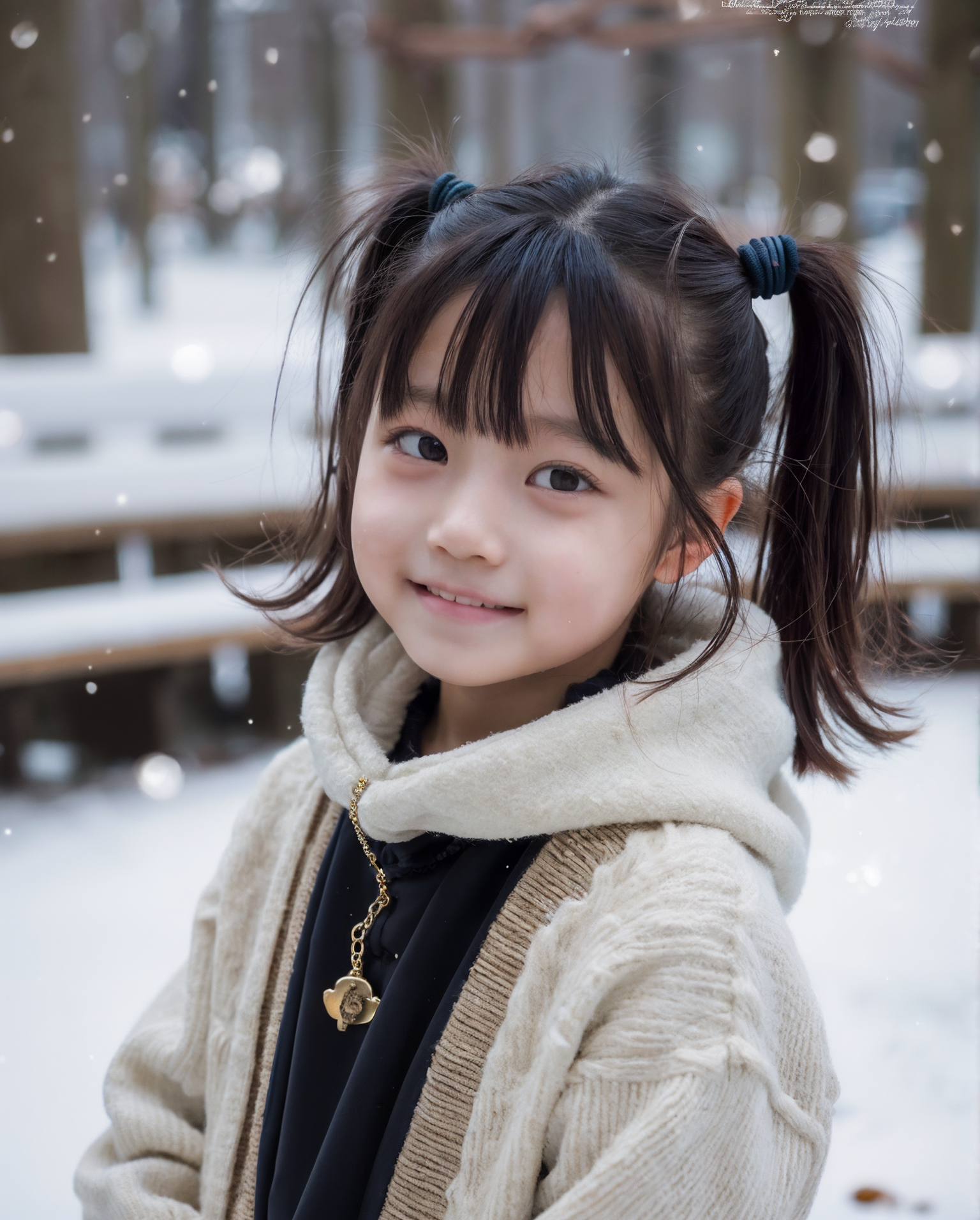 キッズモデルのJSのAI画像。 冬の雪道を歩くツインテールの少女が寂しそうな表情で佇む。