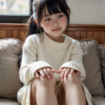 AI画像生成の女子小学生。長袖の白いセーターを着た女の子が、リビングのソファで膝を抱えて涙ぐんでいる。