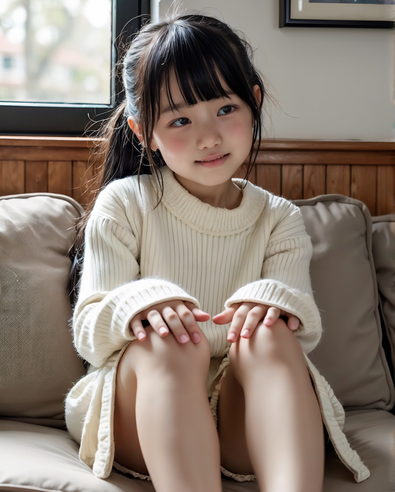 AI画像生成の女子小学生。長袖の白いセーターを着た女の子が、リビングのソファで膝を抱えて涙ぐんでいる。