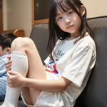 AI生成の小学生のグラビア 画像。白いTシャツとショートパンツの少女、ソファで膝を抱えながらリラックスしている。