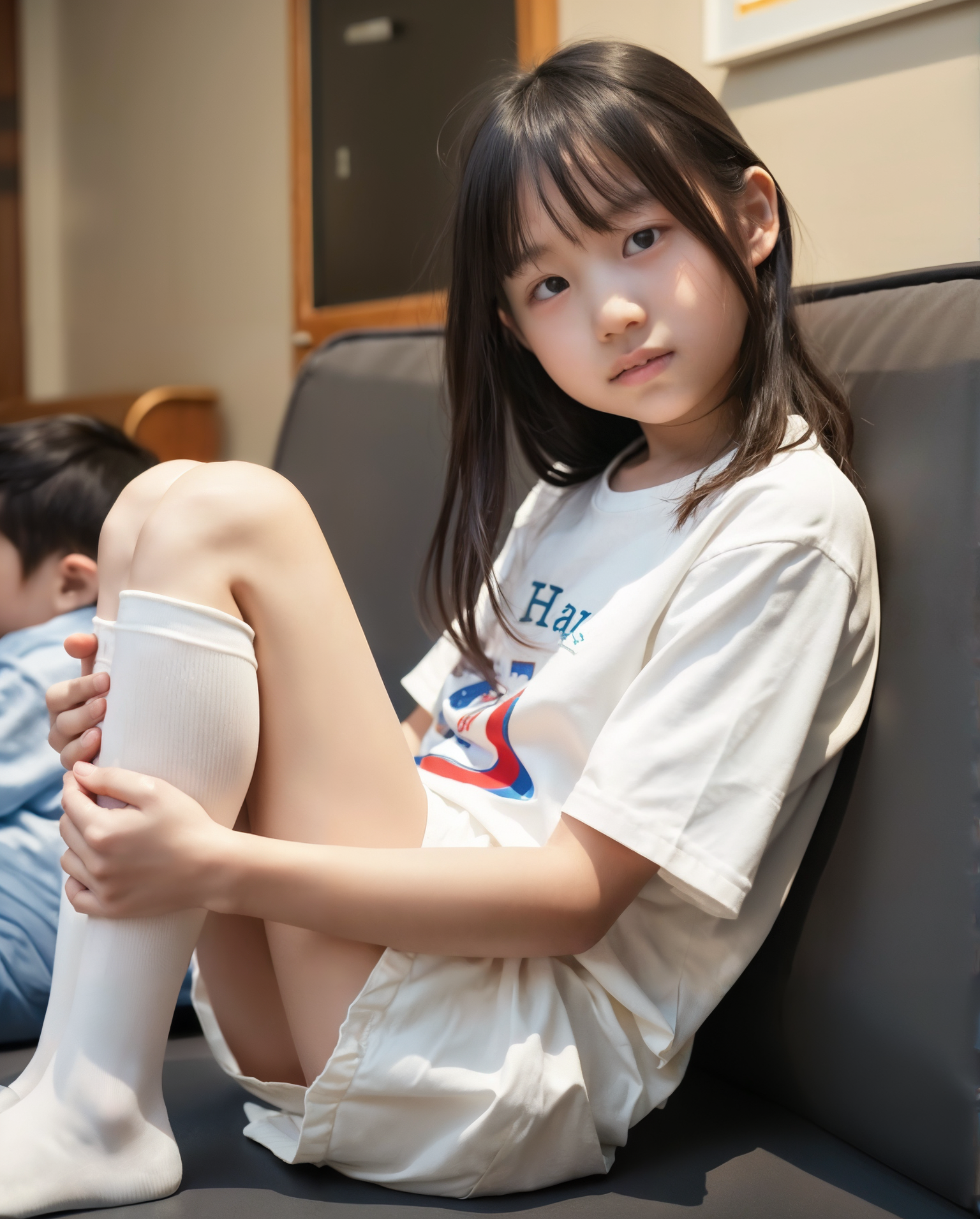 AI生成の小学生のグラビア 画像。白いTシャツとショートパンツの少女、ソファで膝を抱えながらリラックスしている。